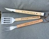 Personalised Engraved BBQ Tool Set, Engraved BBQ Spatula, Fork and Tongs Kitchen Grill Set Father's Day Gift, Gift's for Dad, BBQ Gifts