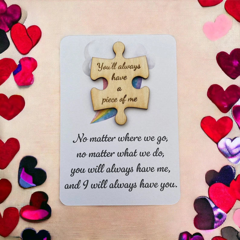 Puzzle piece, missing piece poem, positive gift, thinking of you, wood anniversary, wedding anniversary, pocket