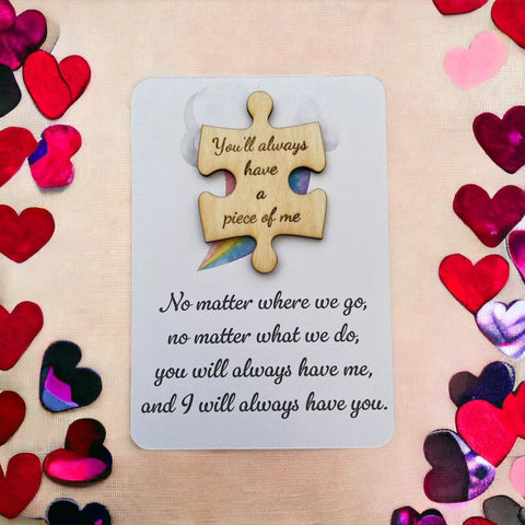 Puzzle piece, missing piece poem, positive gift, thinking of you, wood anniversary, wedding anniversary, pocket