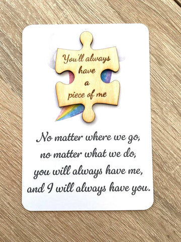 Puzzle piece, missing piece poem, positive gift, thinking of you, wood anniversary, wedding anniversary, pocket